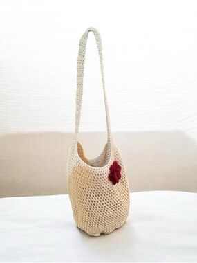 NWOT Handcrafted Cream Crochet Boho Indie Festival Bag w/Burgundy Accent Flower